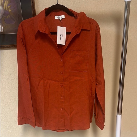 Better Be Rust Linen‎ Blend Button Down Shirt Top Blouse Medium M - Picture 1 of 8